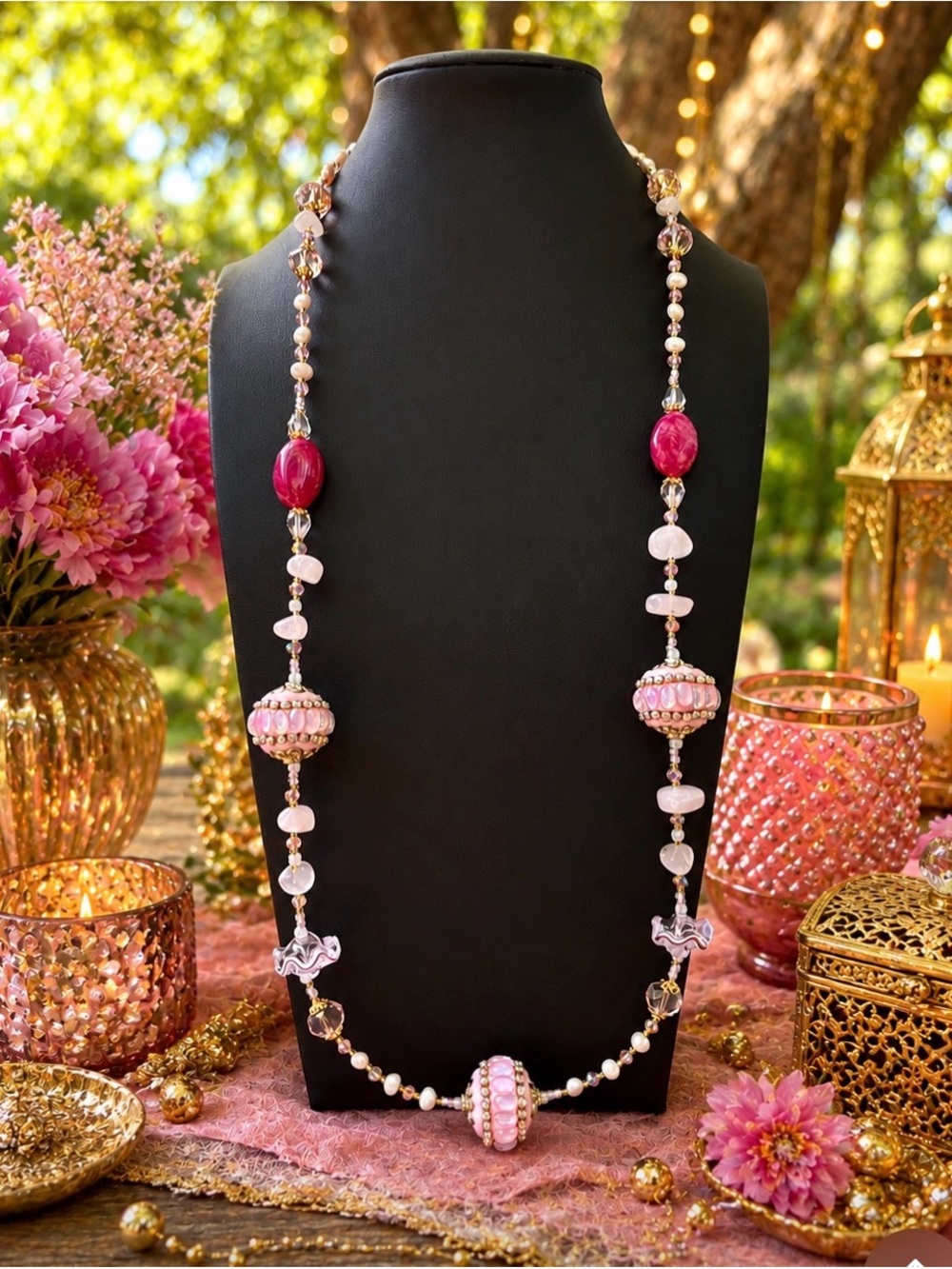 ARTISAN “Pretty in Pink” Beaded Long Statement Necklace
